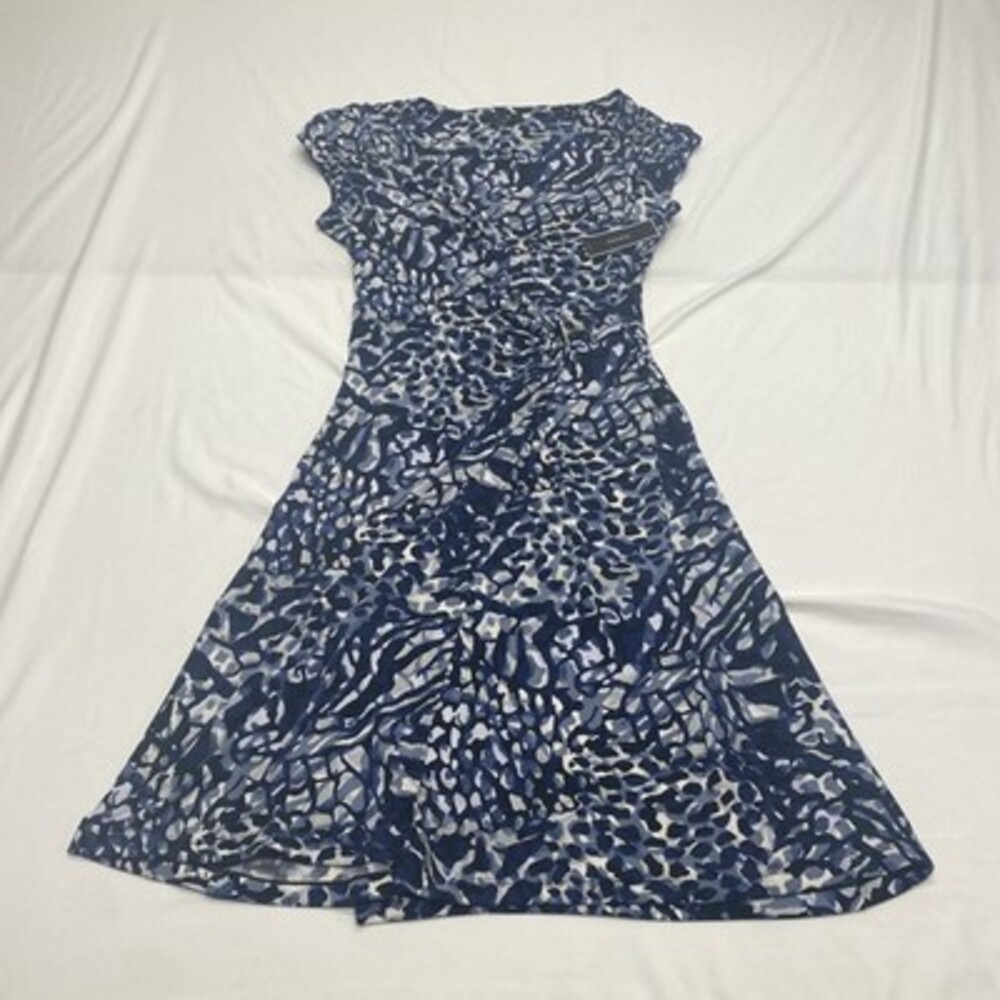 NWT Alfani Women's Blue Animal Print Cap Sleeve Faux Wrap Dress Size Small